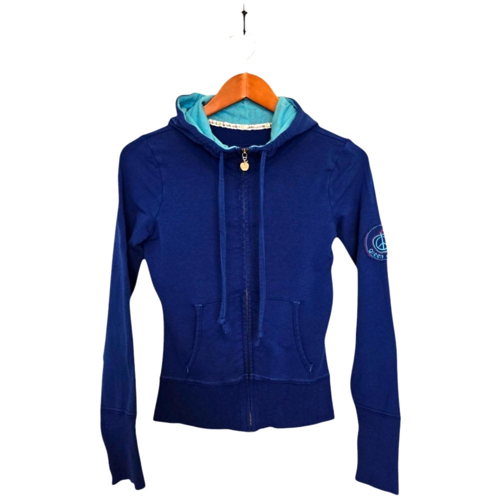 Green Apple Blue Zip-Up Hoodie with Logo - Womens Small